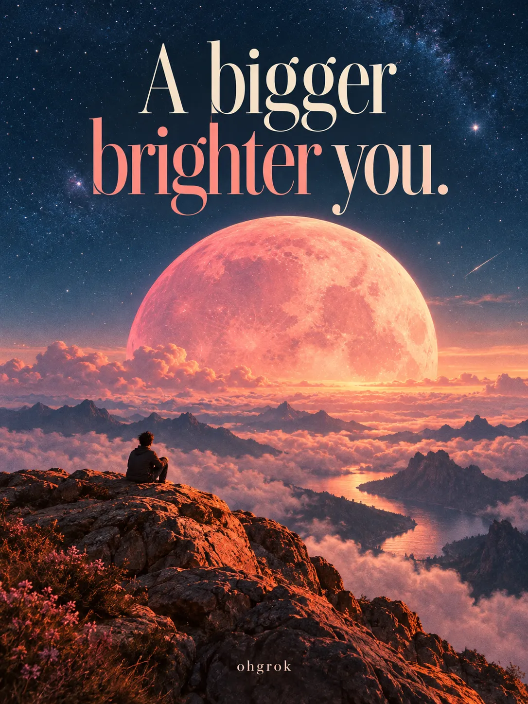 An orange moon above layered clouds and mountains in an original illustrated poster